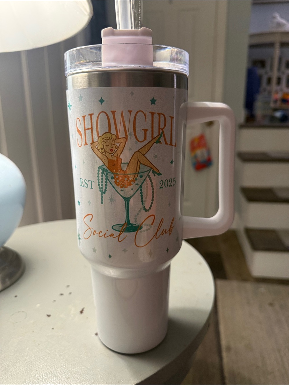 Showgirl Social Club White Travel Tumbler with Handle - Picture 2 of 6